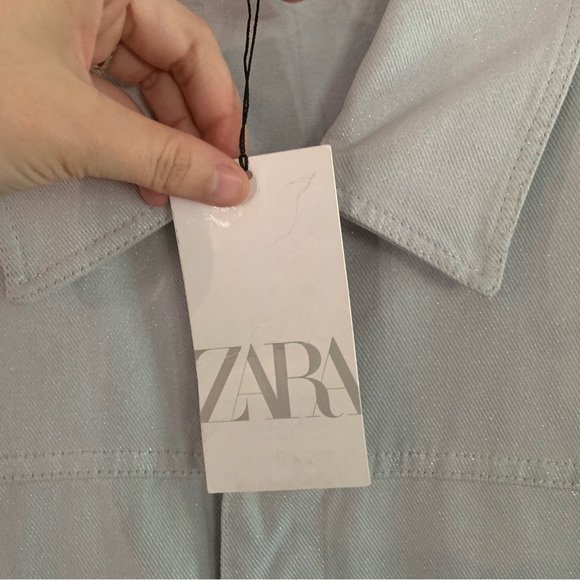 Zara Shimmery Metallic Gray Denim Jumpsuit Romper Size Medium - Picture 5 of 14